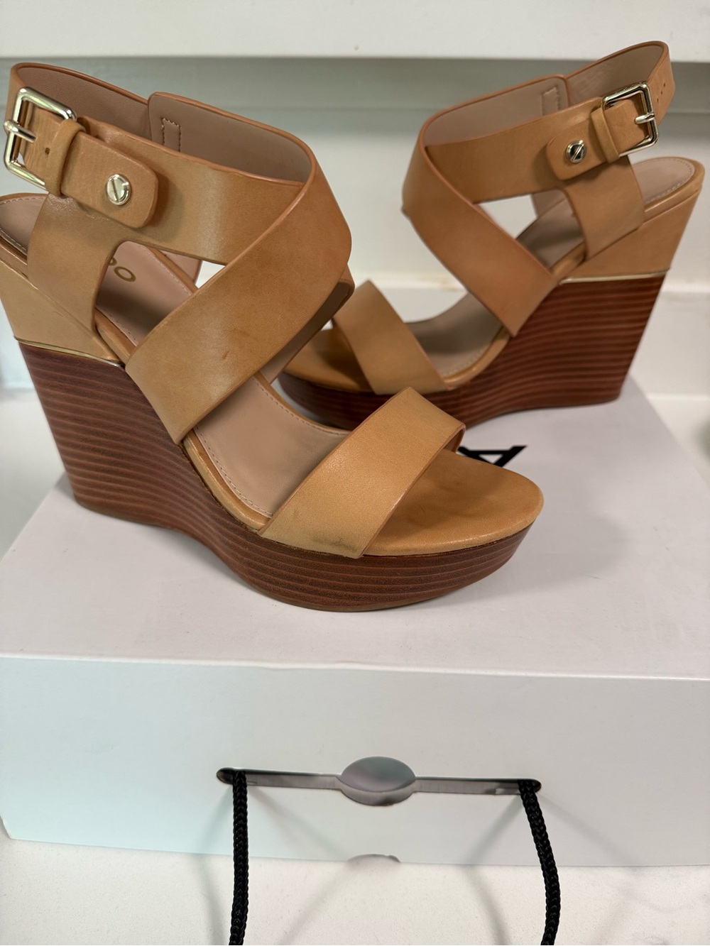 Aldo Tan Leather Platform Wedge Sandals